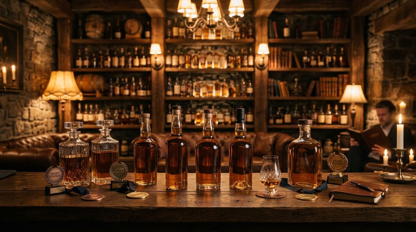 Bekroonde supermarkt whisky flessen met Schots landschap op de achtergrond