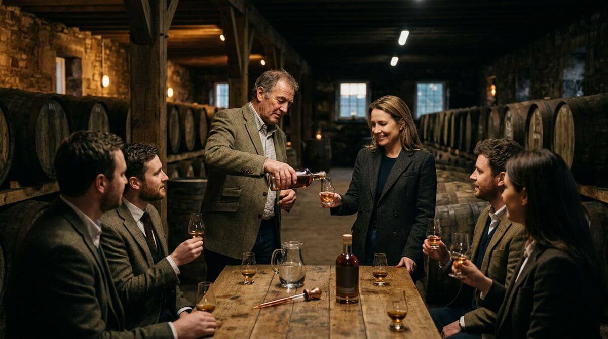 The Borders Distillery single malt whisky flessen met Schotse heuvels op de achtergrond