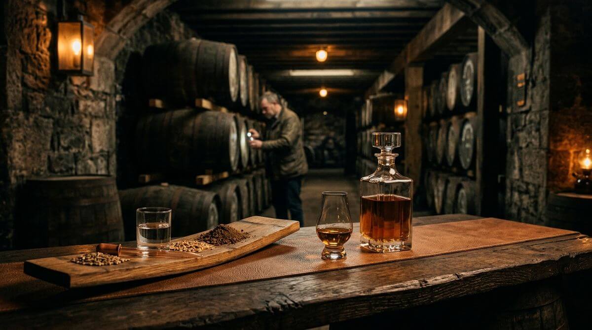 The Glasgow Distillery peated whisky flessen met Schots landschap