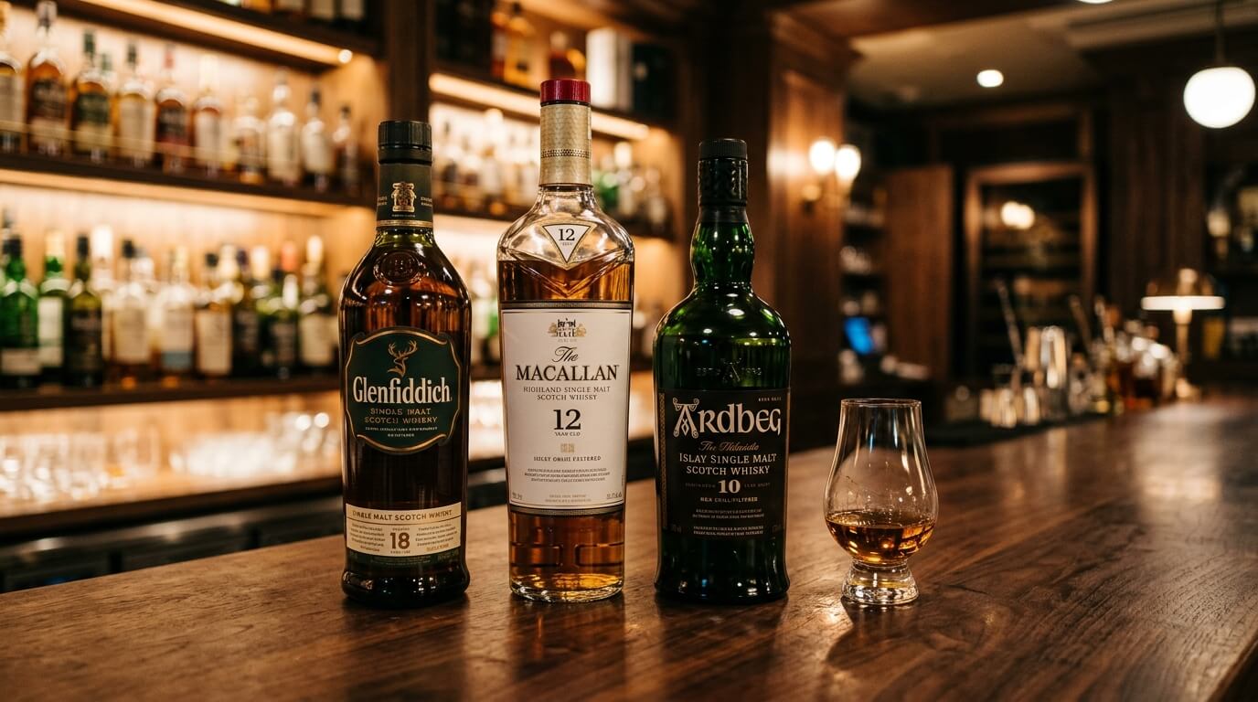 Whiskyflessen met verschillende alcoholpercentages op de voorgrond, warme distilleerderijsfeer met houten vaten