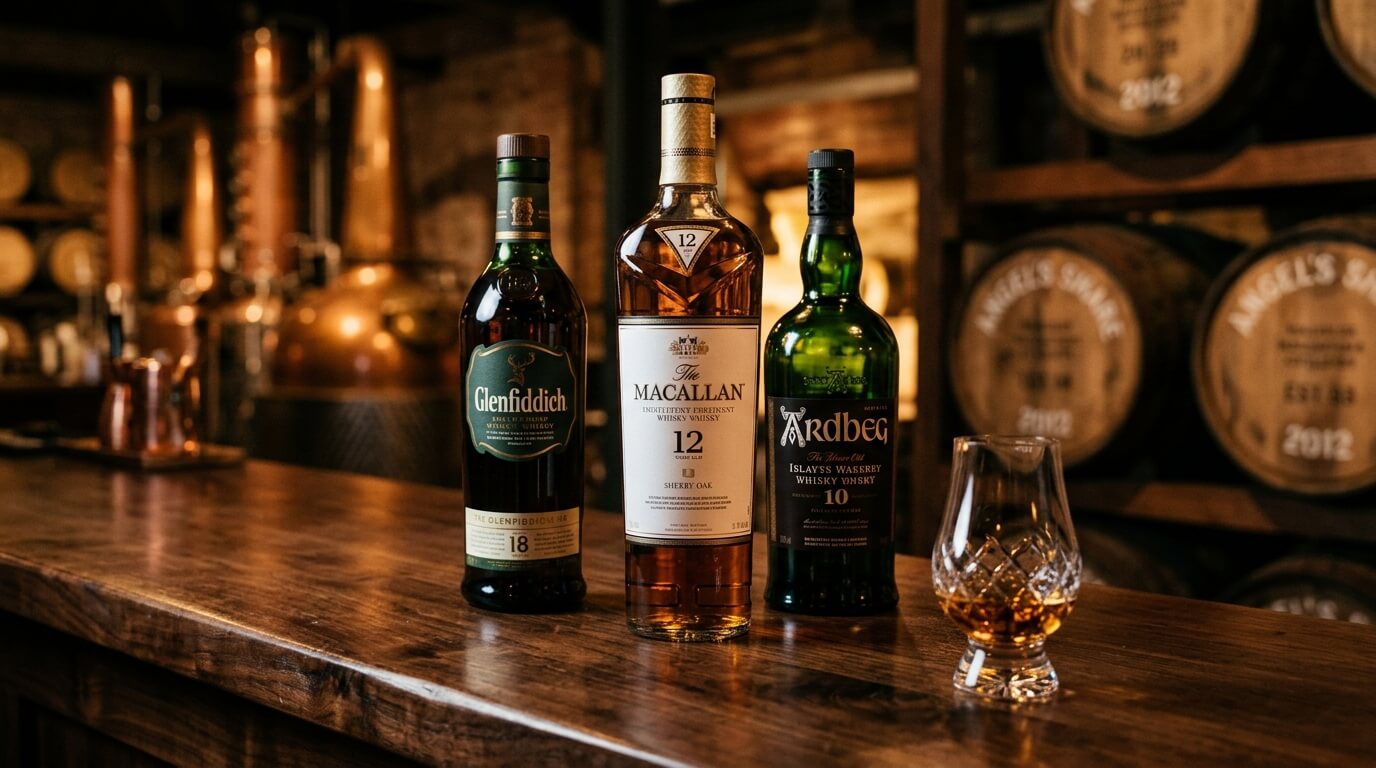 Schotse whiskyflessen op de voorgrond met een mistige Highlands-vallei en eikenhouten vaten op de achtergrond, angel's share sfeer