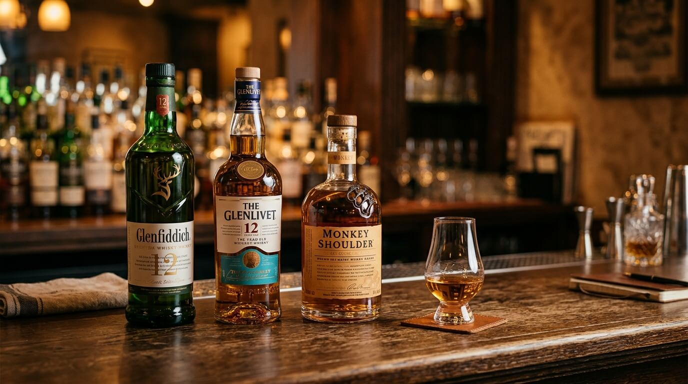 Verschillende whisky flessen met amberkleurige whisky op de voorgrond, Schotse berglandschap op de achtergrond, finish van een whisky