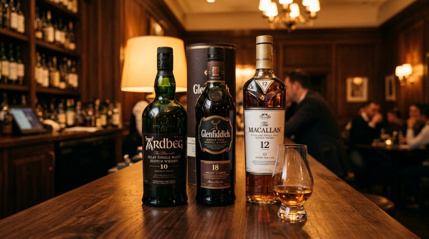 Blended malt whisky flessen op de voorgrond met mistige Schotse bergvallei en loch op de achtergrond