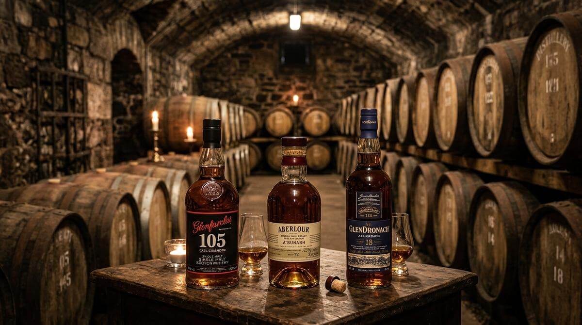 Whiskyflessen op de voorgrond met eikenhouten bourbonvaten in een warme distilleerderijkelder op de achtergrond, ex-bourbon cask rijping
