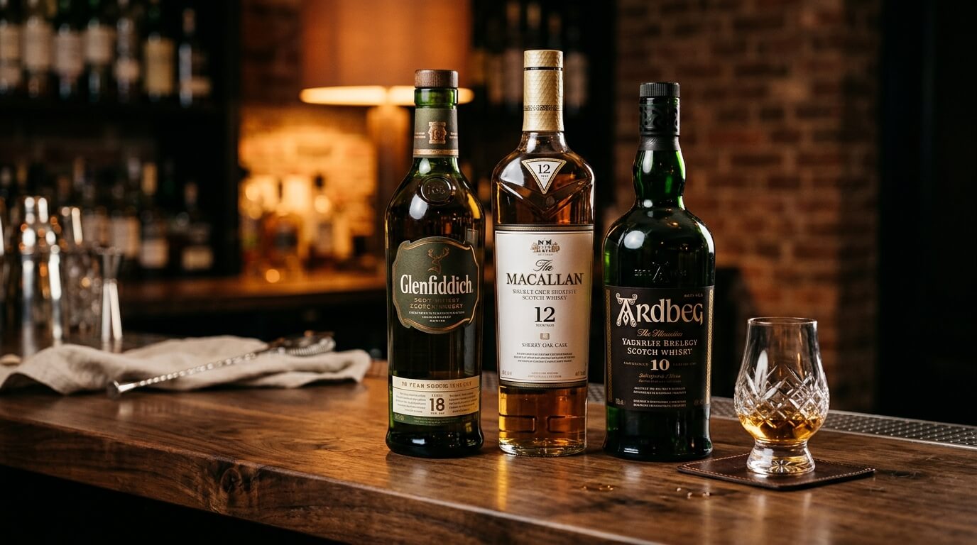 Fermentatie bij whisky met flessen op de voorgrond en een mistige Schotse bergvallei