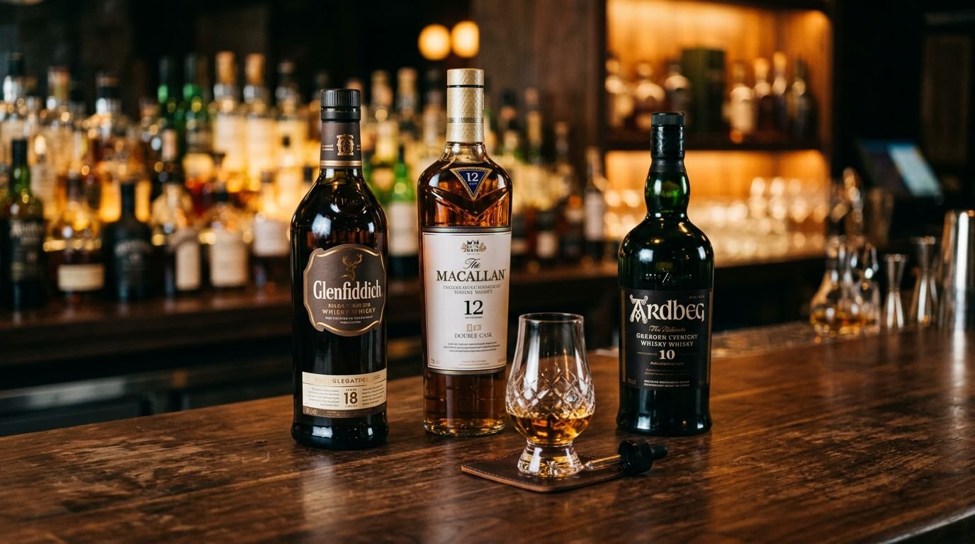 Grain whisky flessen op de voorgrond met een mistige Schotse bergvallei en loch op de achtergrond