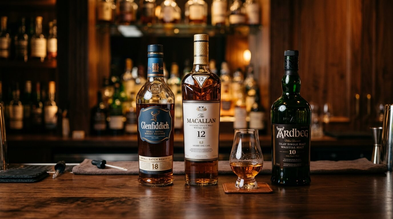 NAS whisky flessen zonder leeftijdsvermelding op de voorgrond met mistige Schotse bergvallei op de achtergrond