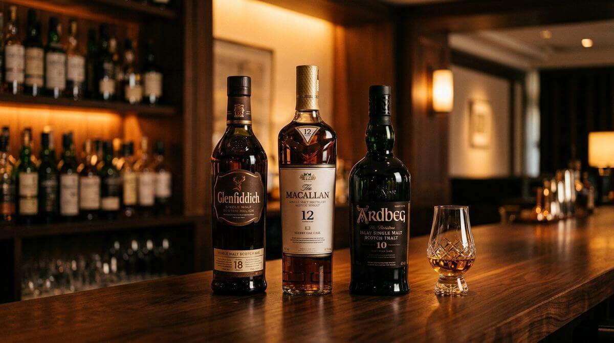 Rye whiskey flessen roggewhisky op de voorgrond met warme houten distilleerderij achtergrond