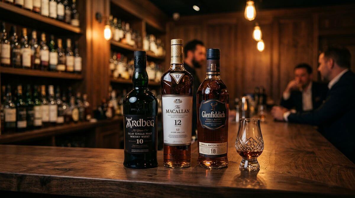 Whisky en eten combineren met flessen whisky en gerechten op een houten tafel