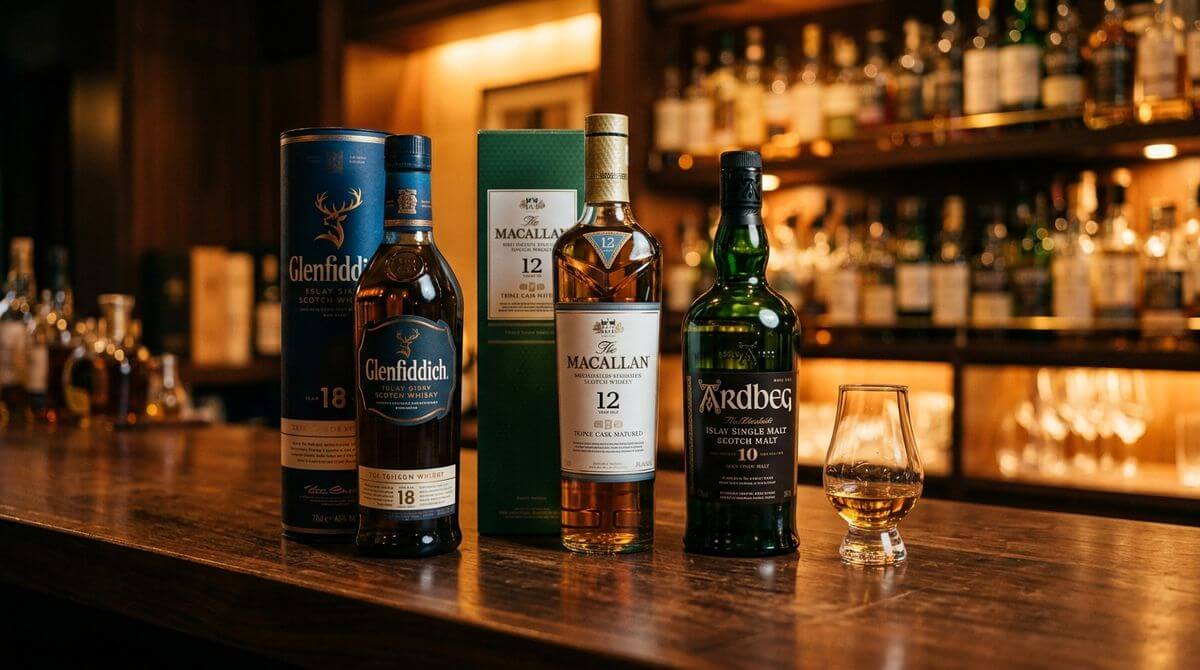Whisky kopen bij de online slijterij, diverse whiskyflessen op de voorgrond met warme houten achtergrond