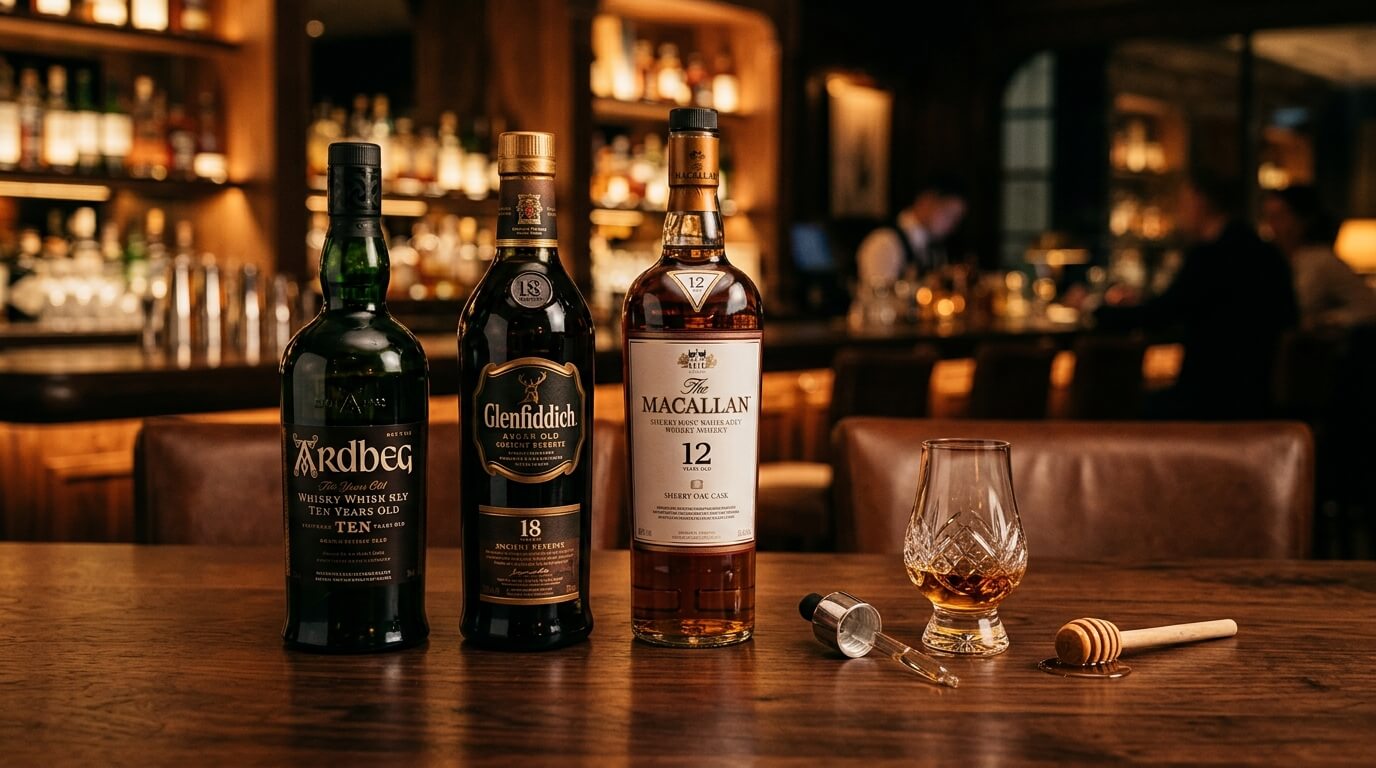Whisky met honing, flessen honingwhisky op de voorgrond in warme sfeer