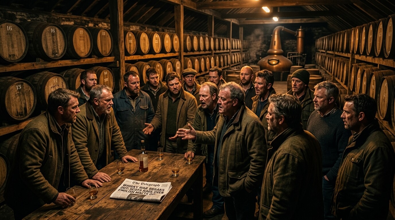Engelse whisky beschermde status flessen op de voorgrond met Engels landschap