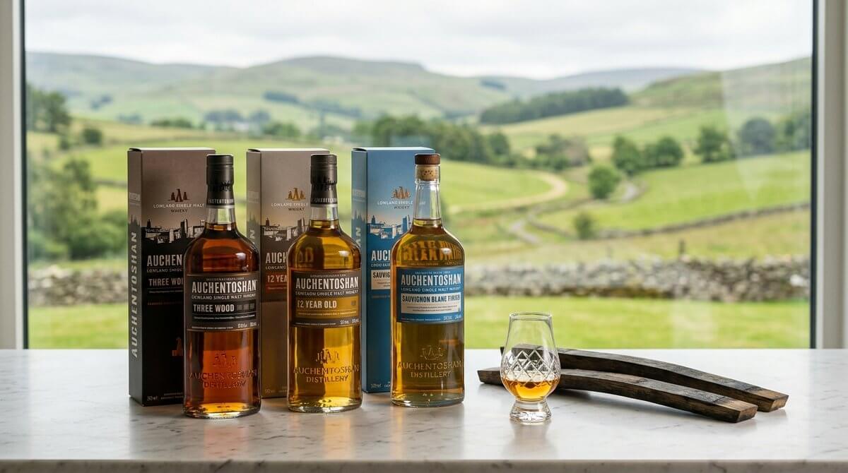 Auchentoshan whisky flessen op de voorgrond met een glooiend groen Lowland landschap en de skyline van Glasgow op de achtergrond