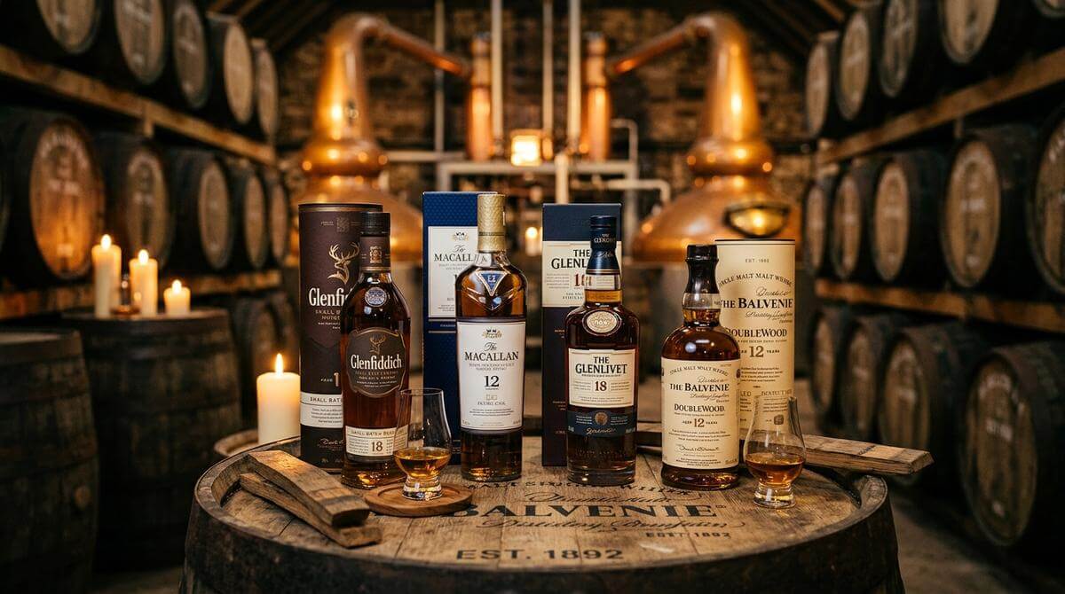 Balvenie DoubleWood 12 single malt whisky flessen in een glooiend groen Speyside dal met rivier en eikenhouten vaten