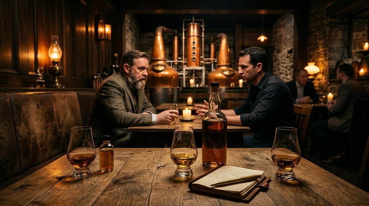 Engelse single malt whisky flessen met Brits landschap op de achtergrond