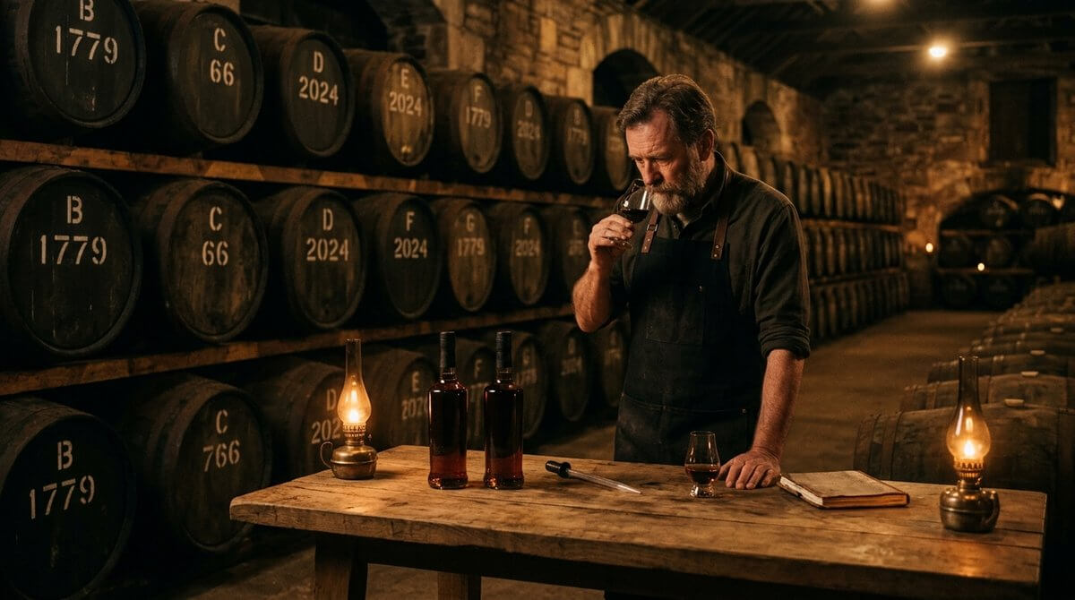 Bowmore Devil's Casks single malts op de voorgrond met rotsige Islay-kustlijn op de achtergrond