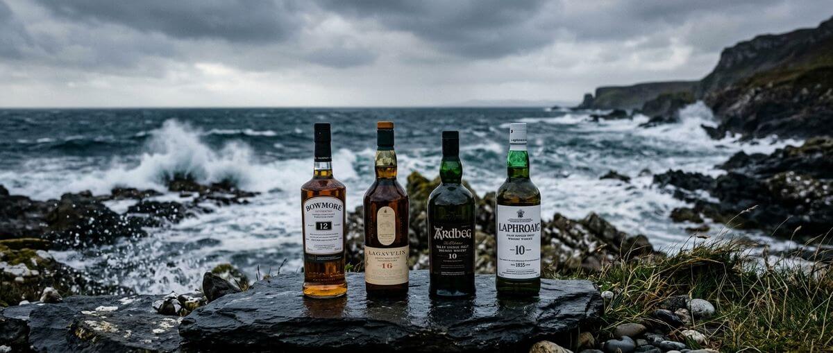 Bruichladdich whisky flessen voor de rotsige kustlijn van Islay