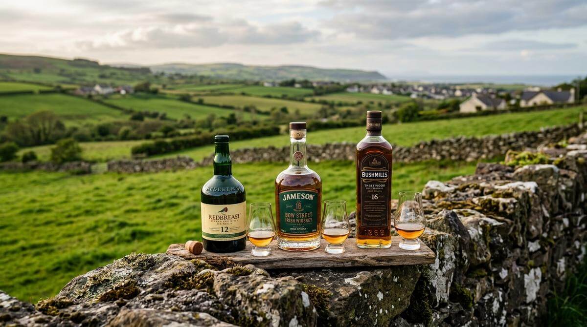 Bushmills whiskey flessen op de voorgrond met groene Noord-Ierse heuvels en klokkentoren op de achtergrond