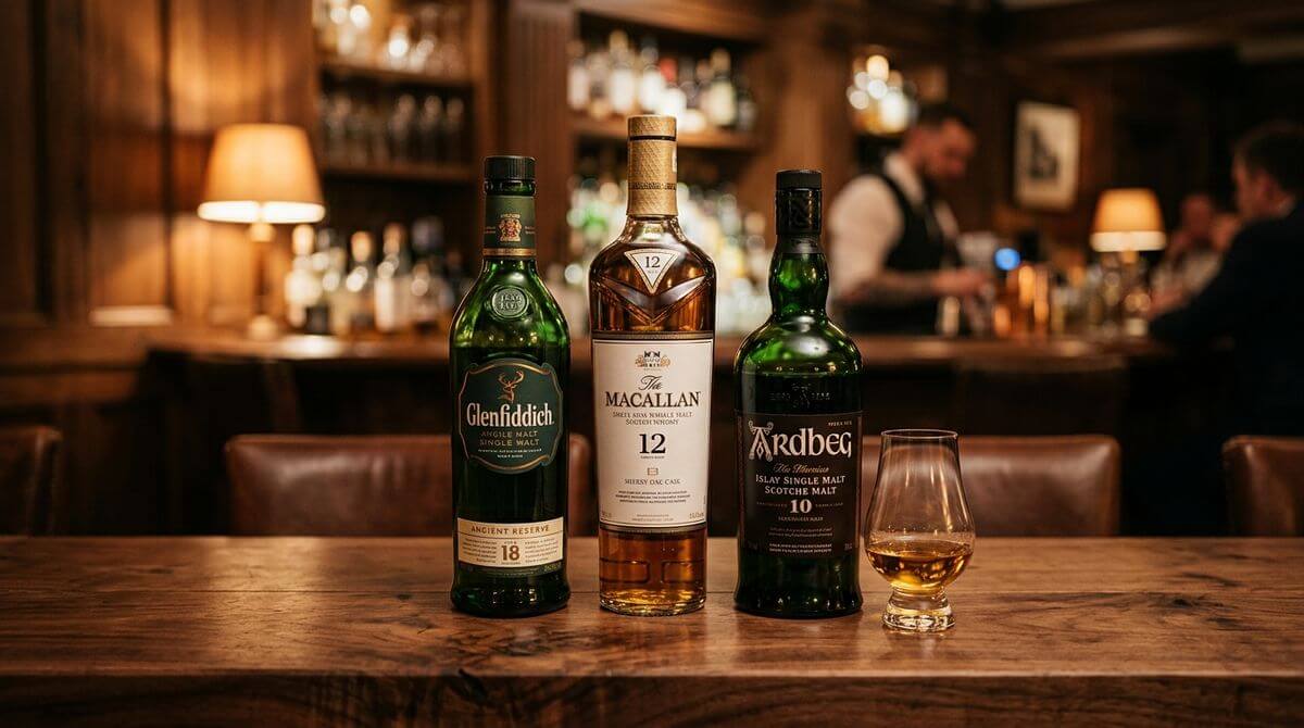De beste blended whisky flessen op de voorgrond met een mistige Schotse bergvallei op de achtergrond
