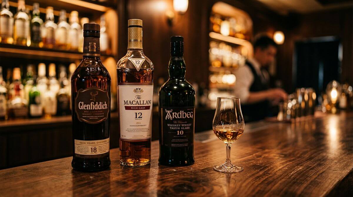 De beste whiskyglazen Glencairn en nosingglazen op een houten tafel met whisky