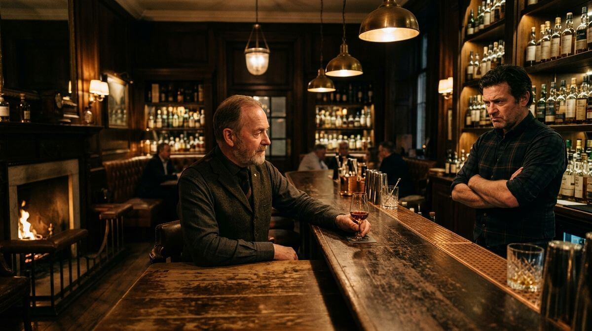 Engelse whisky flessen voor een glooiend Engels landschap
