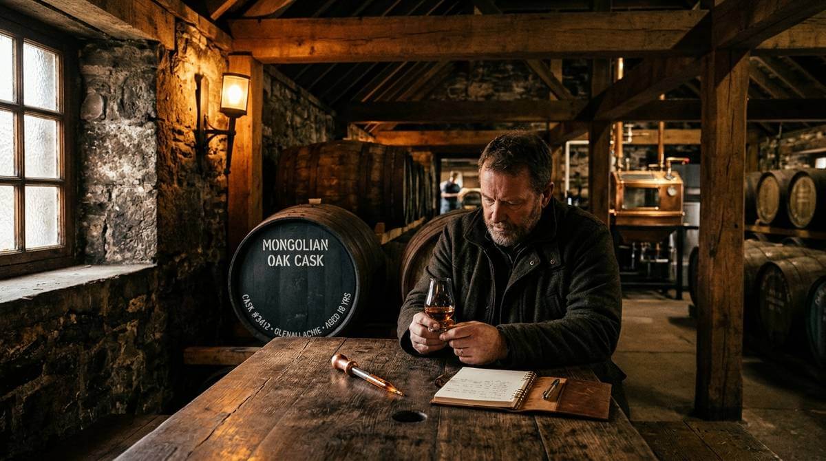 GlenAllachie Mongoolse eik whisky flessen met Speyside landschap op de achtergrond
