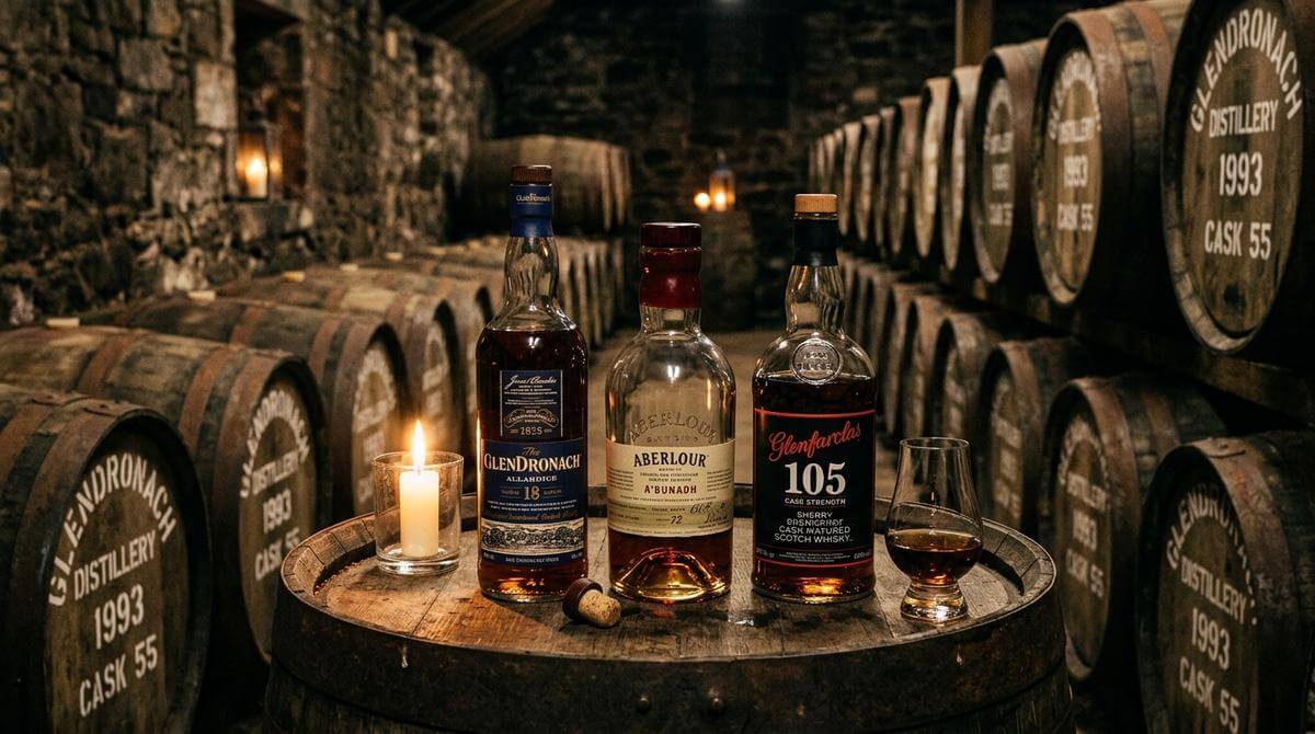 GlenDronach whisky flessen op de voorgrond met mistige Schotse Highlands op de achtergrond