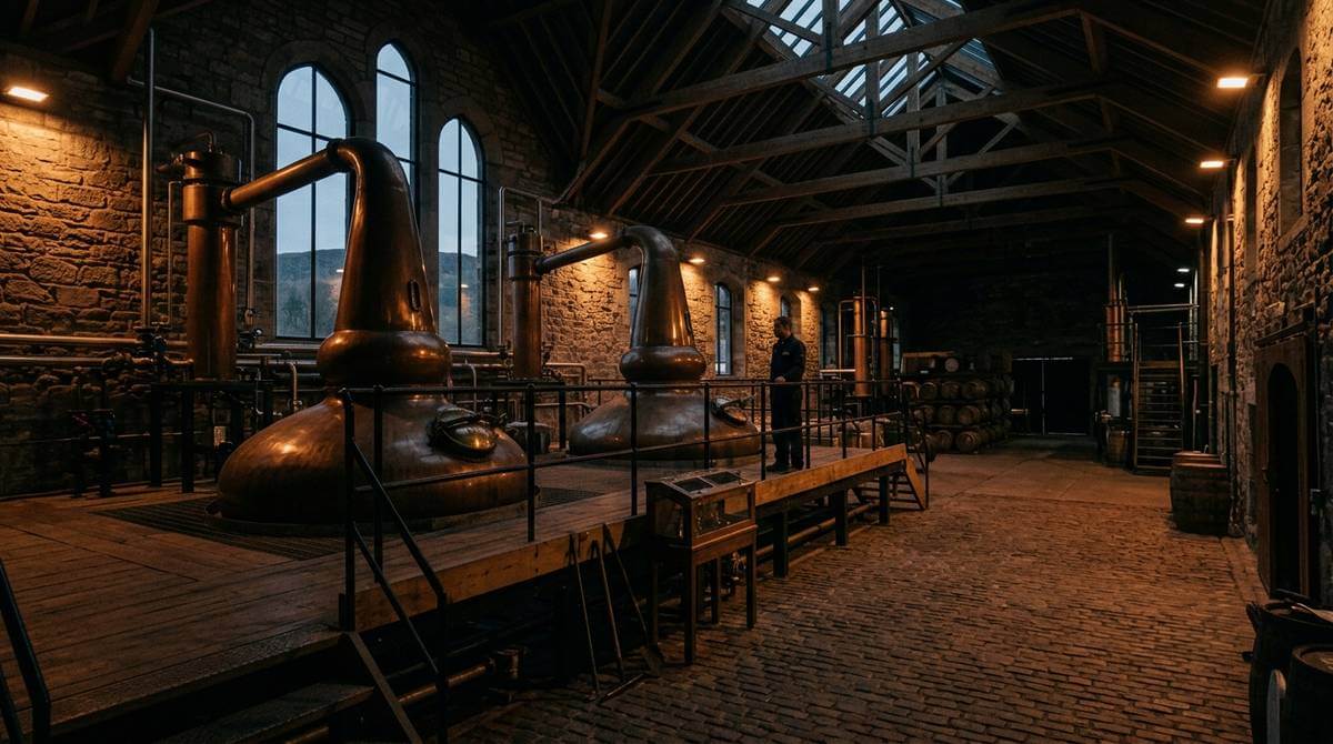 Holyrood Distillery whisky flessen met Edinburgh op de achtergrond