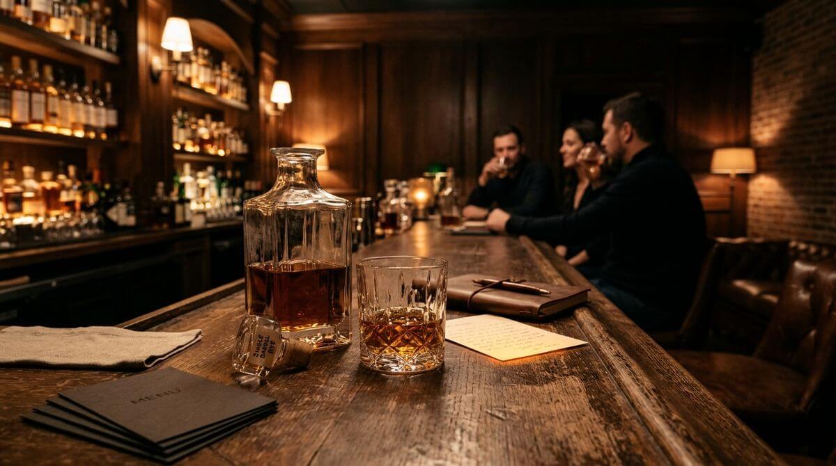 Jack Daniel's Single Barrel Rye flessen met Tennessee distilleerderij op de achtergrond