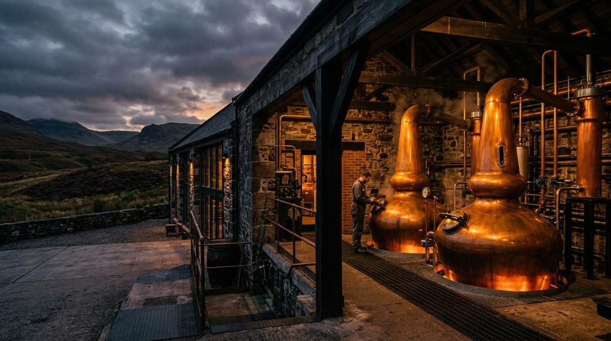 Kythe Distillery Highland whisky flessen met Schots berglandschap op de achtergrond