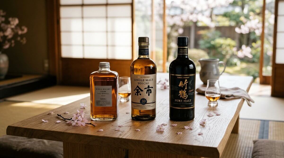 Nikka whisky flessen op de voorgrond met Mount Fuji en kersenbloesem op de achtergrond