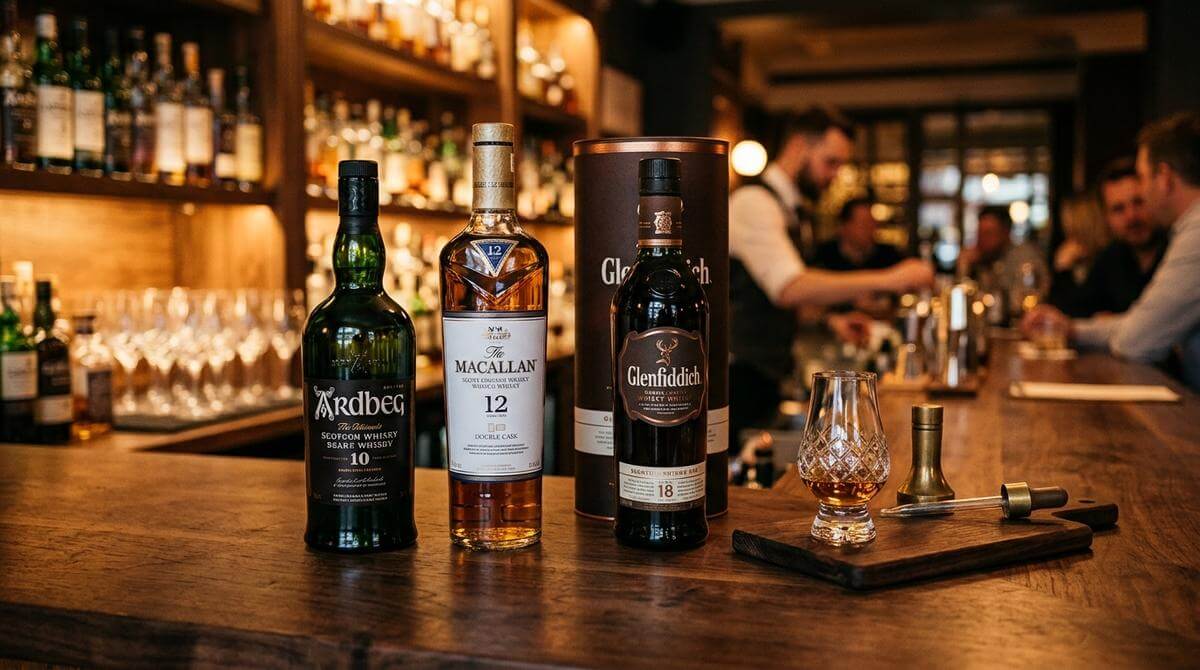 Schotse whisky flessen met leeftijdsvermeldingen voor een mistige Highland vallei