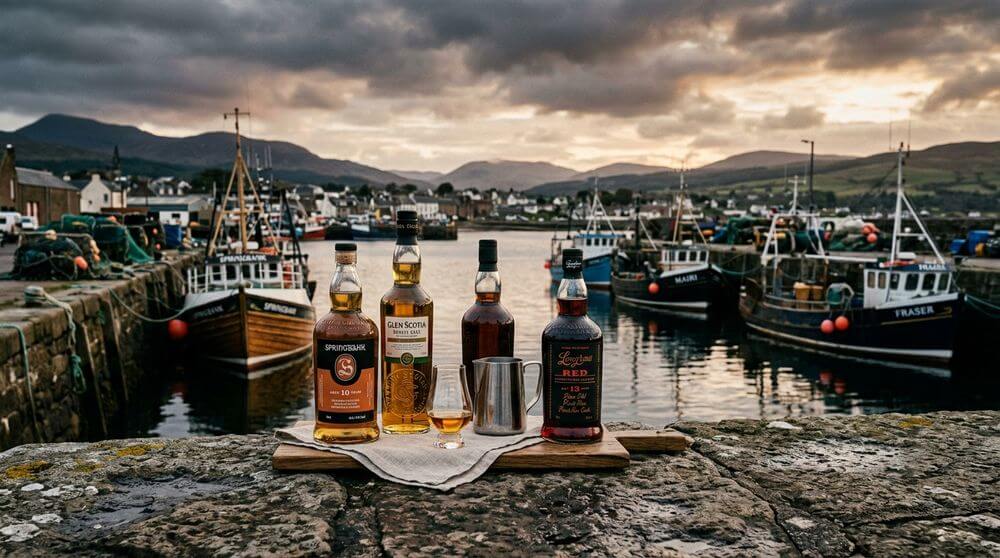 Springbank whisky flessen op de voorgrond met glooiend groen Schots dal en eikenhouten vaten op de achtergrond