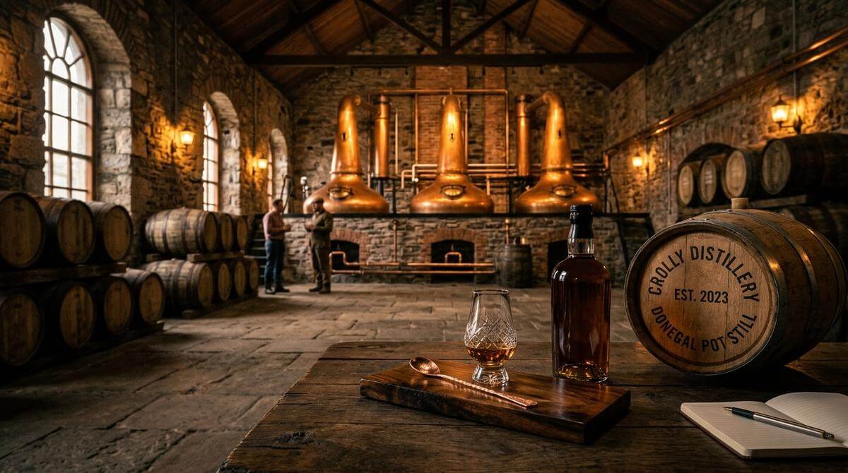 The Crolly Distillery pot still whiskey flessen uit County Donegal Ierland