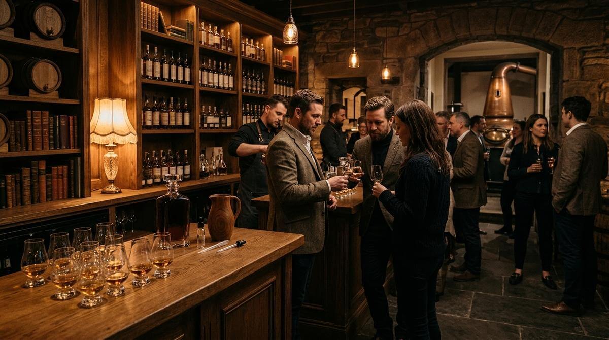 The Dalmore 12 Year Old single malt flessen met Highlands landschap op de achtergrond