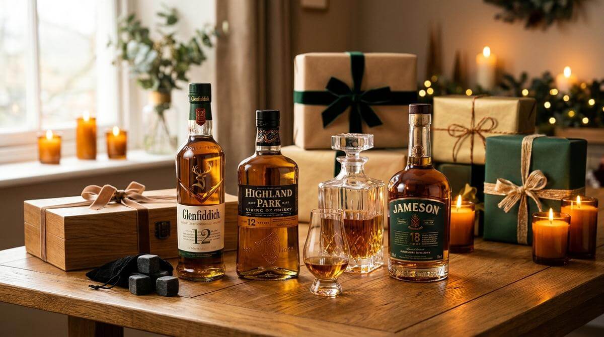 Whisky accessoires als cadeau: nosingglazen, karaf en whiskystones op houten tafel
