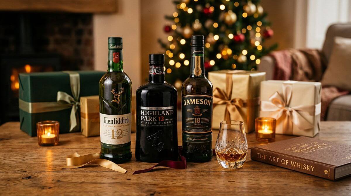 Whisky cadeaupakket samenstellen met fles glas en boek op houten tafel