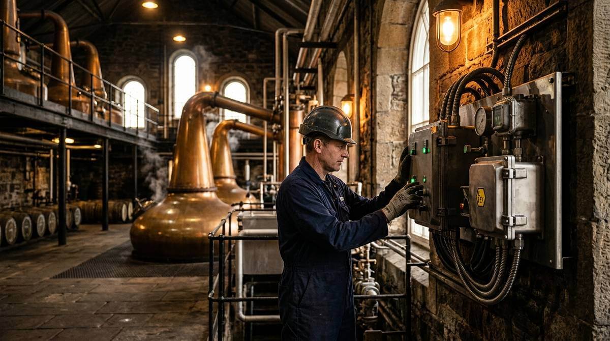 Schotse whiskyflessen met op de achtergrond een distilleerderij en veiligheidsthema rond explosiegevaar distilleerderijen