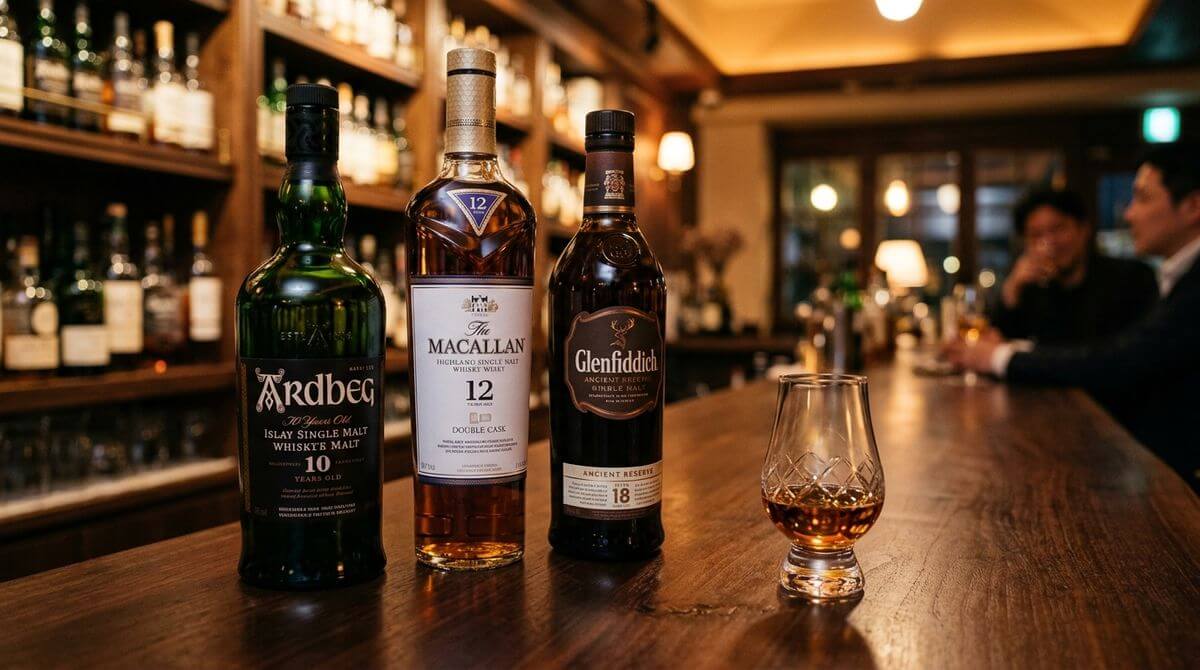 Verschillende whisky kleuren in glazen van bleek goud tot diep amber tegen een Schotse achtergrond