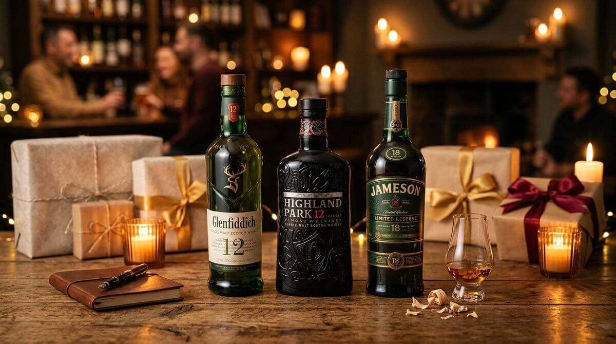 Whisky proefset kopen met meerdere miniatuurflessen op houten achtergrond
